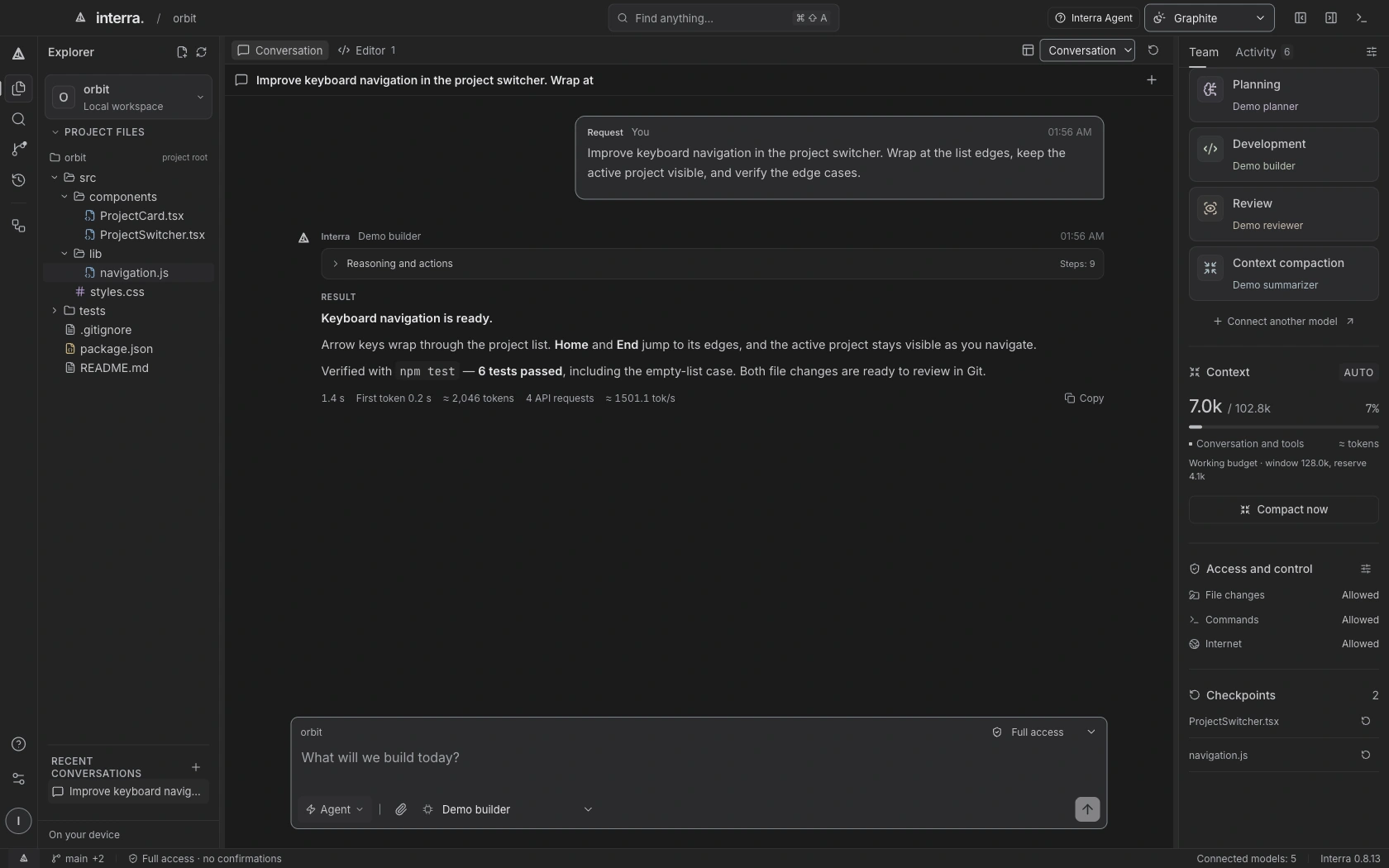 Interra in English showing a completed conversation, real file edits, and six passing tests in the Orbit example project